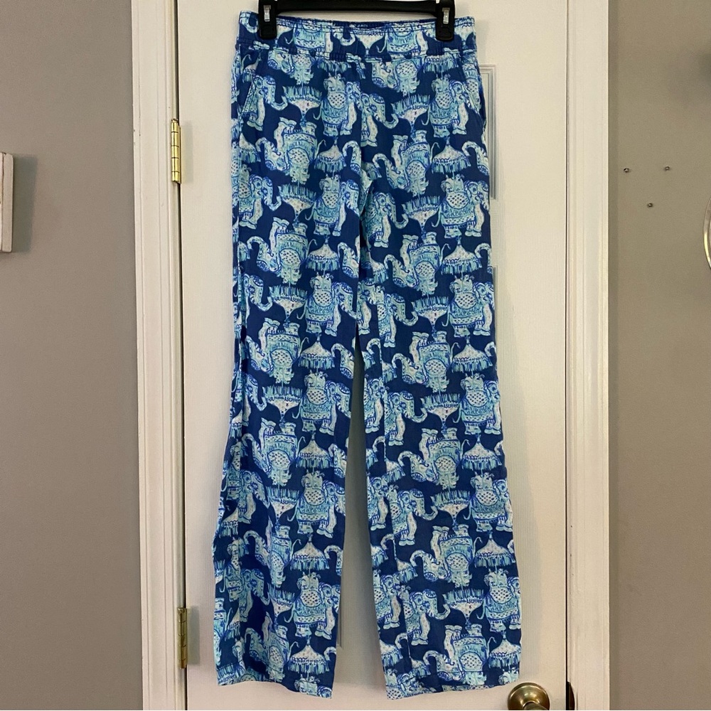 Lilly Pulitzer Florita Linen Pants Deep Indigo Joy Ride Blue Elephants XS Womens